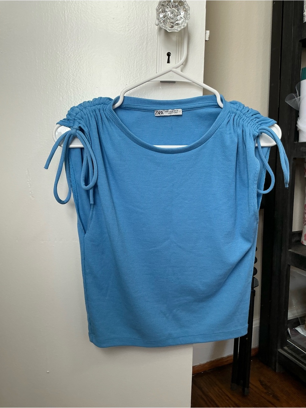 Zara Blue Tie-Shoulder Ribbed Tank Top